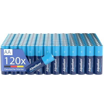 A large box of AA batteries is displayed against a white background. One battery is shown in the foreground, leaning against the box.