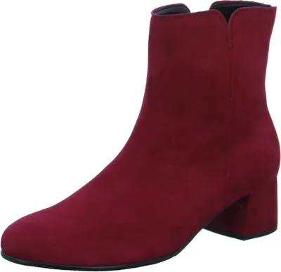 A single burgundy ankle boot is shown against a white background.