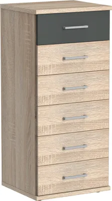 Produktbild von Kommode "Click" aus Spanplatte in Eiche-Sägerau-Nachbildung mit 6 Schubladen. Abmessungen (B/H/T) 46x106x40 cm