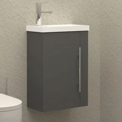 Immagine prodotto di WC per ospiti, lavabo con mobile sottolavabo da 45 cm, colore grigio, sistema di chiusura ammortizzata, da appendere