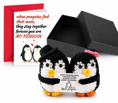 Pinguin-Geschenkset mit Liebeskarte und Box, handgehäkelt