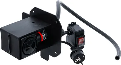 A black pump with a switch and plug, isolated on a white background.