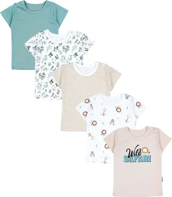 Produktbild von TupTam Baby Jungen Kurzarm T-Shirt mit Aufdruck Unifarben Sterne Streifen 5er Set, Farbe: Tiersafari Blätter Salbei Beige Streifen, Größe: 86