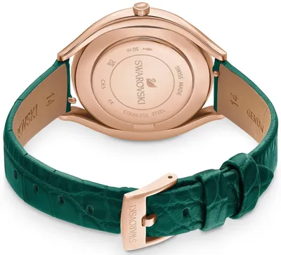 Produktbild von Swarovski Crystalline Aura Uhr, Schweizer Produktion, Lederarmband in Grün mit Roségoldfarbenem Finish, Artikelnummer: 5644078