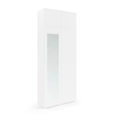 Produktbild von Kleiderschrank 90 cm "Modulo" 2-türig mit Spiegel und Schrankaufsatz, Mehrzweckschrank, Weiß, Push-to-Open-System, Modernes Design