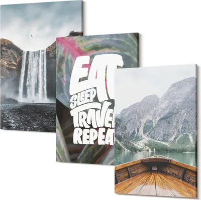 Produktbild von Leinwandbilder – Wandbilder – Leinwandbild – Canvas Bild – Polycanvas – Kunstdruck –  – Modern – Aufhängefertig – Mehrteilig – 3-Teilig – 40x60 Cm Pro Bild - Wasserfall Berge reisen Natur Boot und Vegetation