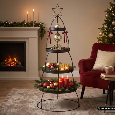 Produktbild von XXL Etagere "Tannenbaum" aus Metall, schwarz, Ø 56 x 132 cm, 4 Etagen, Tortenständer, Weihnachtsdeko, Dekoständer, Obstetagere, Regal