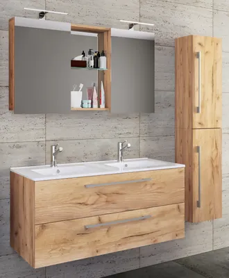 Produktbild von VCM 4-tlg. Doppel Waschplatz | 2x Waschtisch | Badmöbel Set mit Unterschrank, Waschbecken, Hochschrank und Spiegelschrank | Doppelwaschbecken | Komplettset Budasi SC