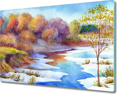 Produktbild von Coloray Hackbrett Kochplattenabdeckung Herdabdeckplatte 80x52 cm Schneidebrett Küchenbrett - Aquarell Baum Fluss