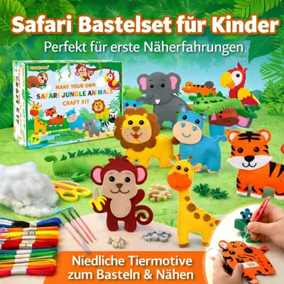 Produktbild von Safari Bastelset für Kinder – Nähset mit 10 Tieren, Filz Bastelset für Anfänger, kreatives Lernspielzeug mit sicherer Kunststoffnadel & Zubehör