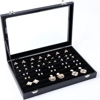 Produktbild von PIQIUQIU Schwarzes Ring Schmuck Aufbewahrungssystem Schmuckkästchen Glas Deckel - Ringhalter mit Klarem Glasdeckel für Ringe, Ohrringe und Manschettenknöpfe