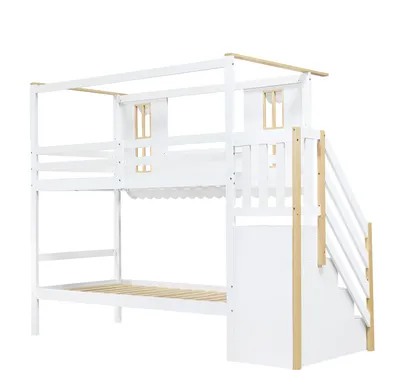 Produktbild von Merax Etagenbett 90x200 aus Holz mit Lattenrost, Kinderbett mit Aufbewahrungstreppe und Fenster, Jungenbett mit Filzdeko und Dachkante, Weiß+Natur