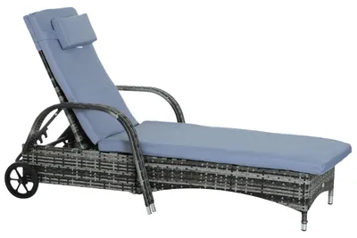 Image de Transat de jardin, chaise longue, transat en rotin synthétique avec coussin, en polyrotin et métal, gris et bleu | avec roulettes | réglable en 5 positions | 200x73x103 cm