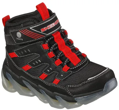 A single black and red Skechers children's boot with lights.
