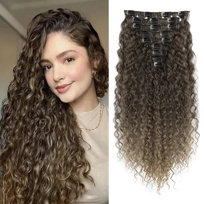 Immagine prodotto di Estensioni per capelli ondulati da applicare con clip, lunghezza 56 cm, colore marrone sfumato (effetto ombre), set da 9 pezzi, materiale sintetico, texture morbida