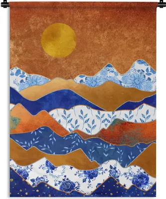 Produktbild von MuchoWow® Wandteppich Wandbehang Delfter Blau - Muster - Gold 120x160 cm Tapisserie Dekoration Wandtuch - Wohnzimmer - Moderne