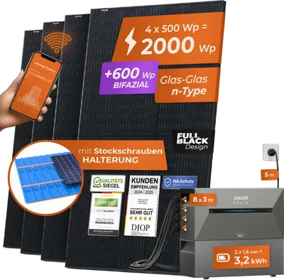 Produktbild von Solarway® All In One Balkonkraftwerk mit Anker Speicher 2000W komplett Steckdose - 3,2 kWh Anker Solix 2 PRO Speicher - Stockschrauben Halterung