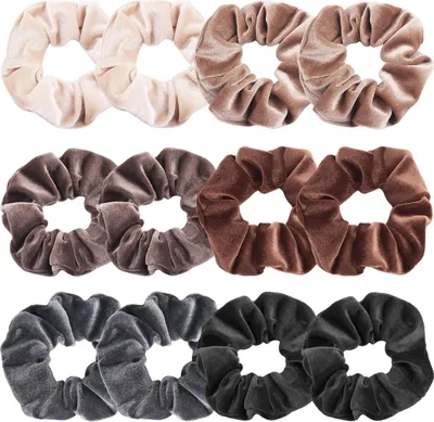 Image de set de 12 élastiques à cheveux Scrunchies en velours, bandeaux souples et élastiques dans des couleurs neutres