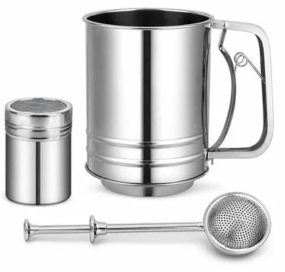 Produktbild von Mehlsieb Edelstahl, 3 Tassen feinmaschiges Backsieb mit Federgriff, Puderzuckerstreuer, spülmaschinengeeignet, für Mehl, Gewürze und Backen