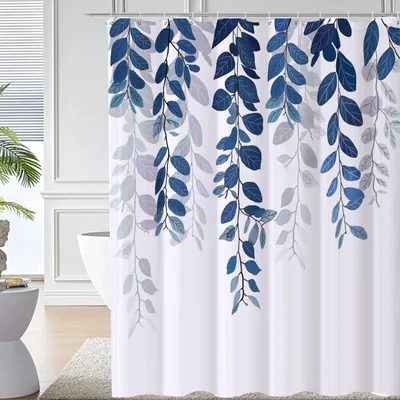 Produktbild von Blauer Duschvorhang mit 12 Haken, schimmelresistent, 180 x 200 cm wasserdicht, beschwerter Saum, maschinenwaschbar, schnelltrocknend