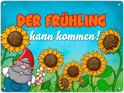 Produktbild von Gartenzwerg Metallschild XXL in 28x38 cm mit Spruch Der Frühling kann kommen