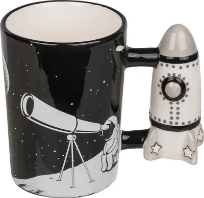 Produktbild von Astronauten Tasse mit Raketen- Griff, Space Mug schwarz/weiß, aus Keramik, in Geschenkverpackung, TU
