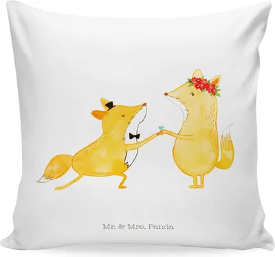 Produktbild von Mr. & Mrs. Panda Kissen 40x40 Füchse Hochzeit - Weiß - Geschenk, Kuschelkissen, bedruckt, Deko, Hochzeitskarte, für sofa
