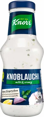 Produktbild von Knorr Knoblauchsauce mit Zwiebelstückchen und Joghurt mild und cremig (250ml Flasche) + usy Block