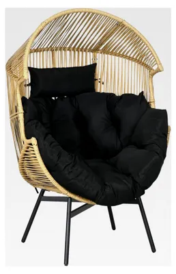 Produktbild von Rattansessel mit dickem Sitzkissen, Gartensessel in Eiform, 120 kg belastbar, für Terrasse und Garten
