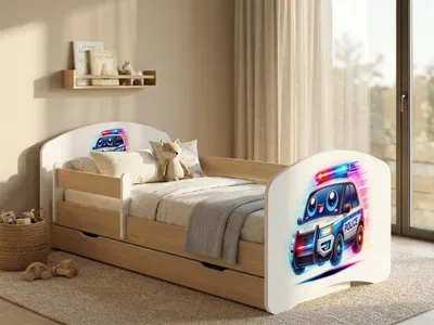 Produktbild von Sicheres Kinderbett "Happy" 140x70 Holzoptik | Komplett-Bett mit Schublade & Abnehmbarem Rausfallschutz