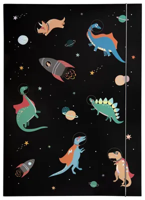 Produktbild von A3 Hot Foil Space Dinos Sammlermappe, aus stabilem Karton mit Gummiband.