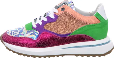 A side view of a colorful sneaker.