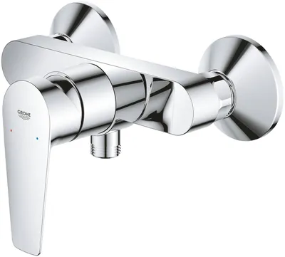 A chrome shower faucet on a white background.