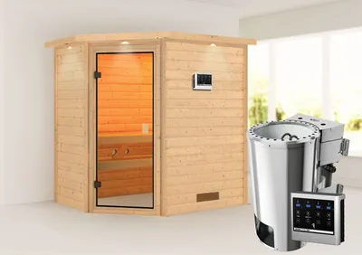 Produktbild von Karibu Sauna Innensauna Jella Eckeinstieg Ofen 3,6 kW -Ofen externe Strg. easy 224x159x191 cm mit Dachkranz