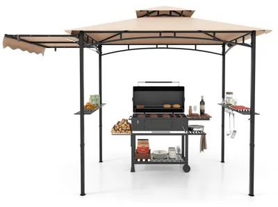 Zdjęcie produktu dla Altana grillowa COSTWAY z boczną markizą, podwójnym dachem, 2 półkami bocznymi i haczykami, altana ogrodowa z zadaszeniem do grillowania, odporna na warunki atmosferyczne, 318 x 153 x 250 cm, beżowa