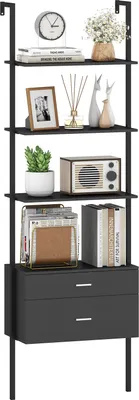 A black, multi-shelf ladder bookshelf with two drawers at the bottom, displaying various decorative items and books.