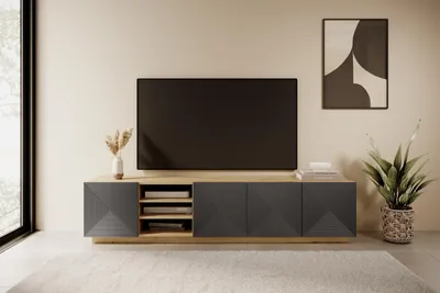 Zdjęcie produktu dla DUŻA SZAFKA RTV 200 cm LOFT DO SALONU PÓŁKA POD TELEWIZOR DĄB ARTISAN SZARY