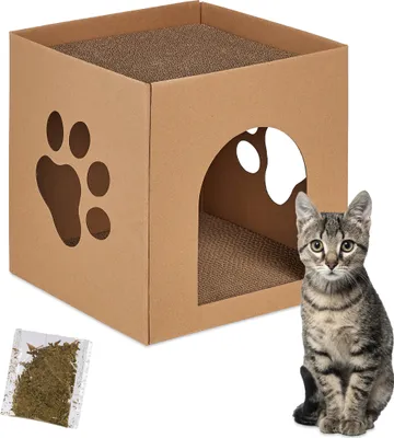 Immagine prodotto di Relaxdays Casetta per gatti in cartone, tana per gatti con tiragraffi, da assemblare, con erba gatta inclusa, LxPxA: 30x30x30,5 cm, marrone