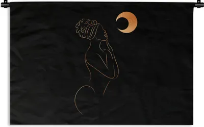 Produktbild von MuchoWow® Wandteppich Wandbehang Frau - Mond - Gold - Strichzeichnung 60x40 cm Tapisserie Dekoration Wandtuch - Wanddekorationen