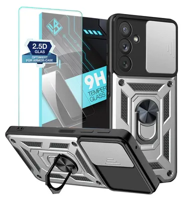A product shot of a phone case and screen protector with marketing text.