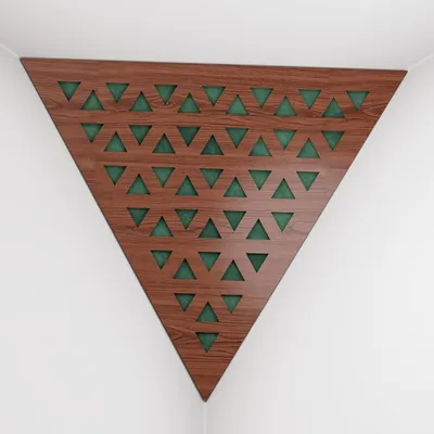 Obrázek produktu pro Balení po 2 kusech – basová past do rohů stropu „Triangle-F“ | Akustická pěna ve tvaru pyramidy s laminovanou deskou z HDF a potahem [TRI – ořech | zelená]