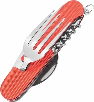 Produktbild von 6-in-1 Camping Besteck klappbar in Rot , Reisebesteck aus rostfreiem Edelstahl, Outdoor Essbesteck Survival Klappbesteck Bundeswehr Feldbesteck