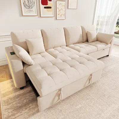 Immagine prodotto di Divano angolare MODFU, divano letto a forma di L, 4 posti, grande divano con 2 posti letto estraibili, divano relax con illuminazione LED e controllo tramite app, tessuto in chenille, color beige