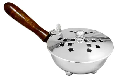 Produktbild von Räucherpfanne mit Griff aus echtem Holz Messing vernickelt Ø 9cm für Weihrauch Räucherwerk Betriebsart Räucherkohle Weihrauchgefäß Handarbeit 2173