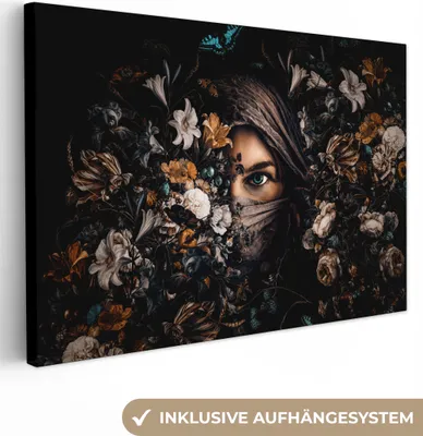 Produktbild von MuchoWow® - Leinwandbilder - Frau - Luxus - Blumen - Schmetterling - Porträt, Wandbild, Wanddeko Bilder Wohnzimmer, 120x80 cm