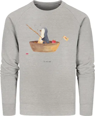Produktbild von Mr. & Mrs. Panda Baumwoll Sweatshirt Pinguin Angelboot Größe S - Heather Grey - Geschenk, Scheidung, Optimistisch, Pulli, Pullover, Sweater, Angeln, Bio-Pullover, Boot
