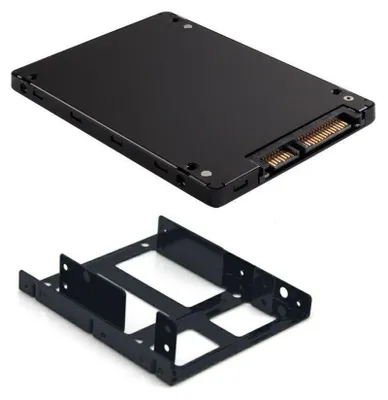 A black SSD drive and a black mounting bracket are shown against a white background.