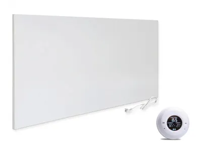 A white infrared heating panel and a white circular thermostat are displayed against a white background.