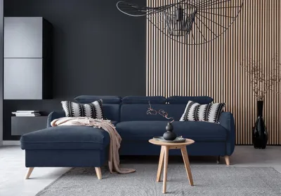 Produktbild von MIUFORM Sweet Harmony - Ecksofa mit Bettfunktion und Bettkasten L-FORM LINKS - 228x162cm - Velours Marineblau - Sofa Schlafsofa Couch
