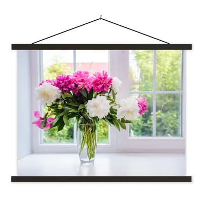 Produktbild von MuchoWow® Textilposter Blumen - Pfingstrosen - Vase 150x113 cm mit holzfarbenen Rahmen - Poster